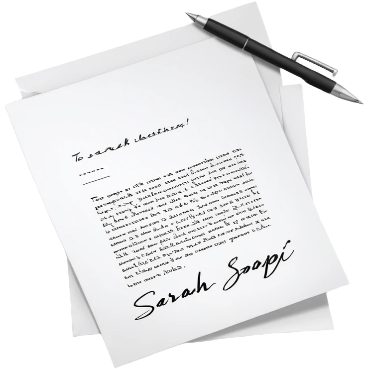 a paper letter with "TO SARAH" text written at the top of the letter, with a pen lying next to it emoji