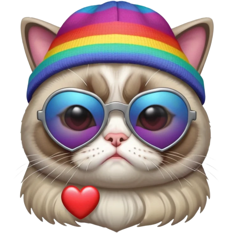 grumpy cat wearing a rainbow beanie and heart-shaped sunglasses emoji
