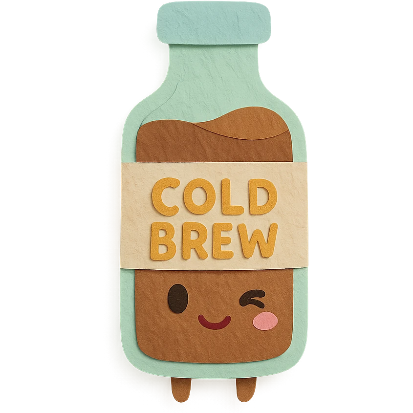 kawaii glass cold brew bottle, full body, winking, soft pastel colors emoji