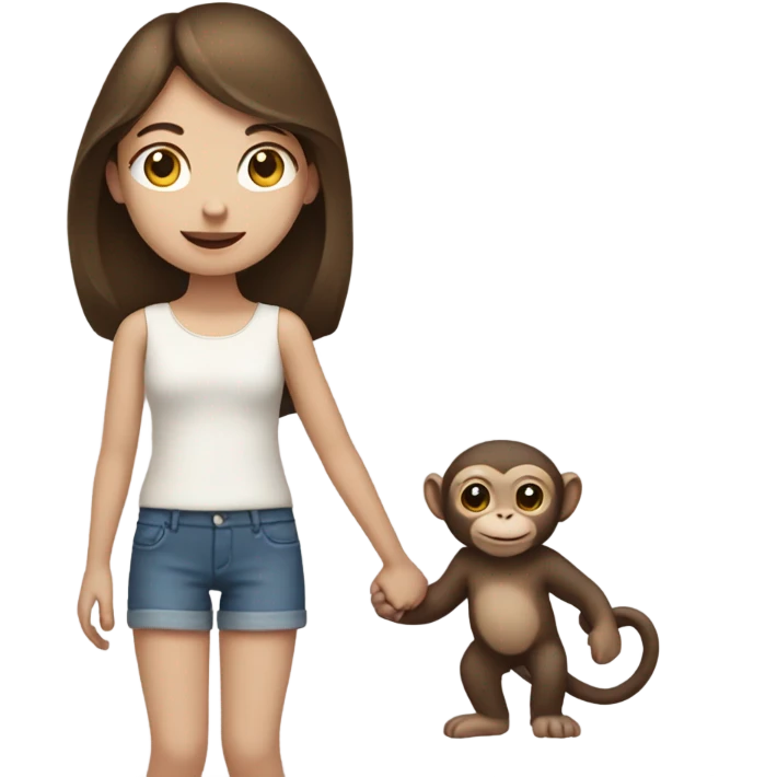 Pale brunette girl holding hands with a monkey emoji