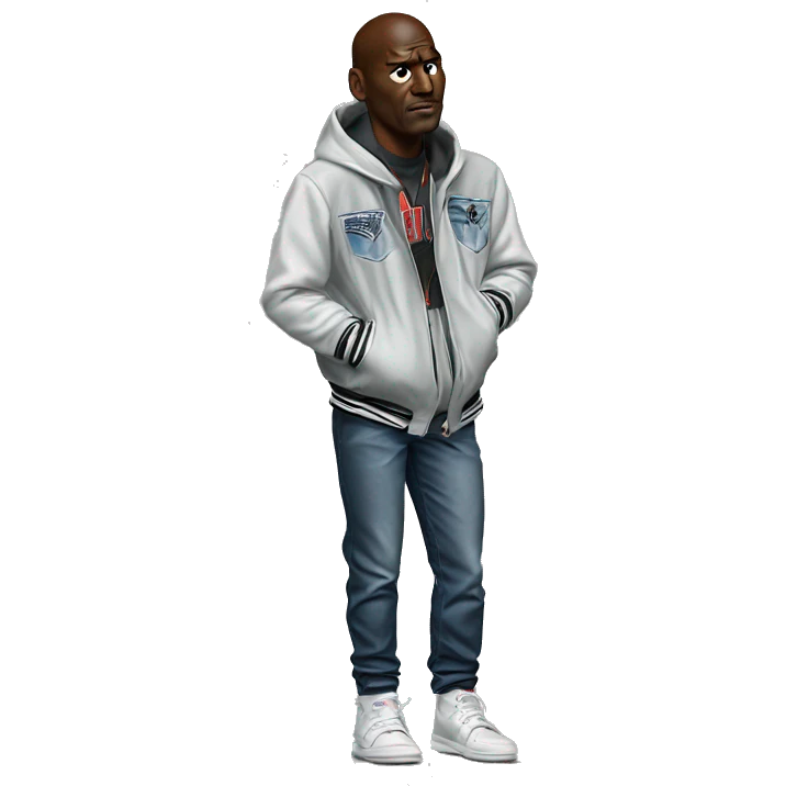 Michael Jordan in a jacket holds his head and is sad photorealistic serious emoji