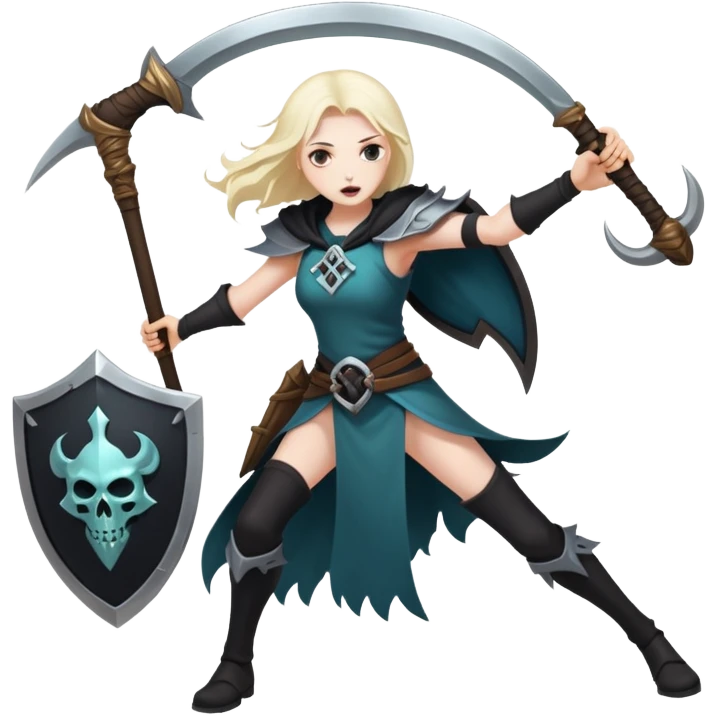 Necromancer girl with scythe and shield, beating a mage emoji