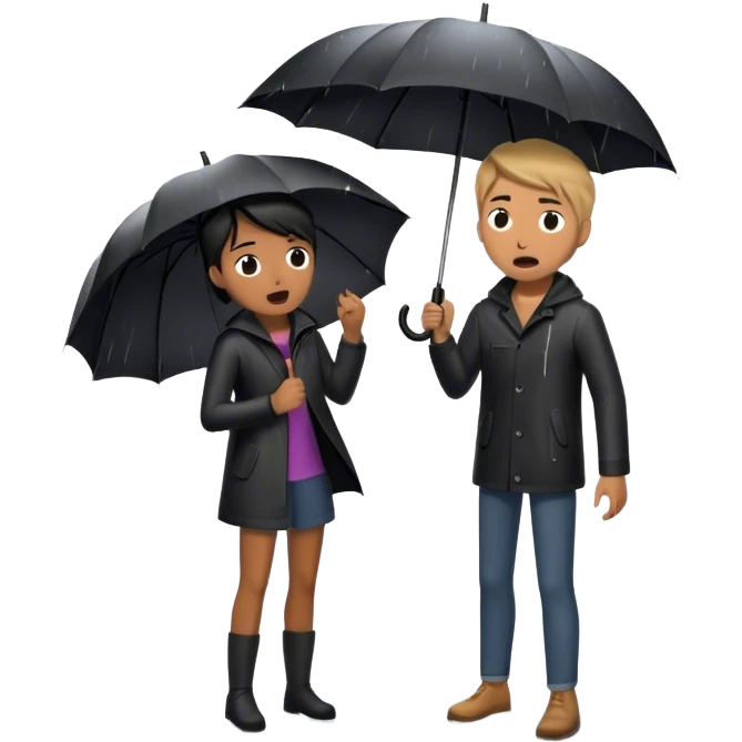 A person stands in the rain holding an umbrella, while another person outside of the umbrella (the narcissist) screams at the storm, getting drenched. The first person looks calm and dry, choosing to protect themselves rather than fight the uncontrollable.  emoji