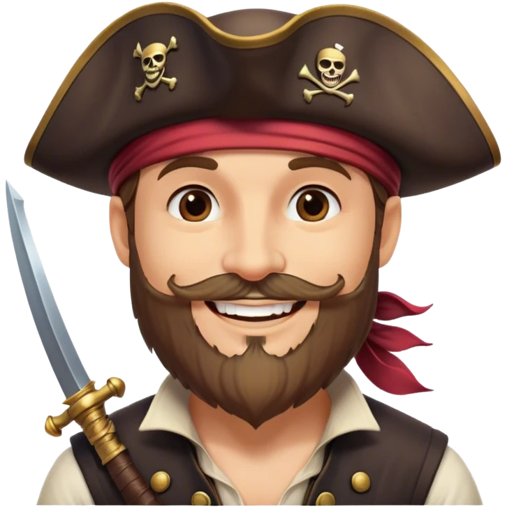 Clash of Clans aesthetic Cheerful Pirate Portrait Emoji, With a bright, confident smile and a relaxed yet adventurous posture, showcasing a stylized, rugged build with a classic pirate hat and a neatly groomed beard, his face in natural skin tone, Simplified yet expressive features, highly detailed, glowing with a soft, luminous maritime radiance, high shine, upbeat and daring, stylized with an air of classic swashbuckler allure, soft glowing outline, capturing the essence of a cheerful pirate ready to chart epic voyages! emoji