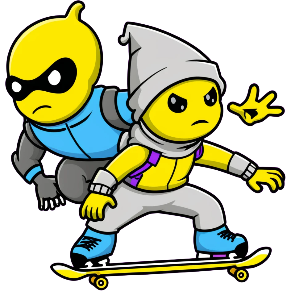 yellow guy showing off his fabulous outfit combining prince, alien, terminator, skater, skiier, and wizard elements, making a weird face, stylish and fabulous emoji