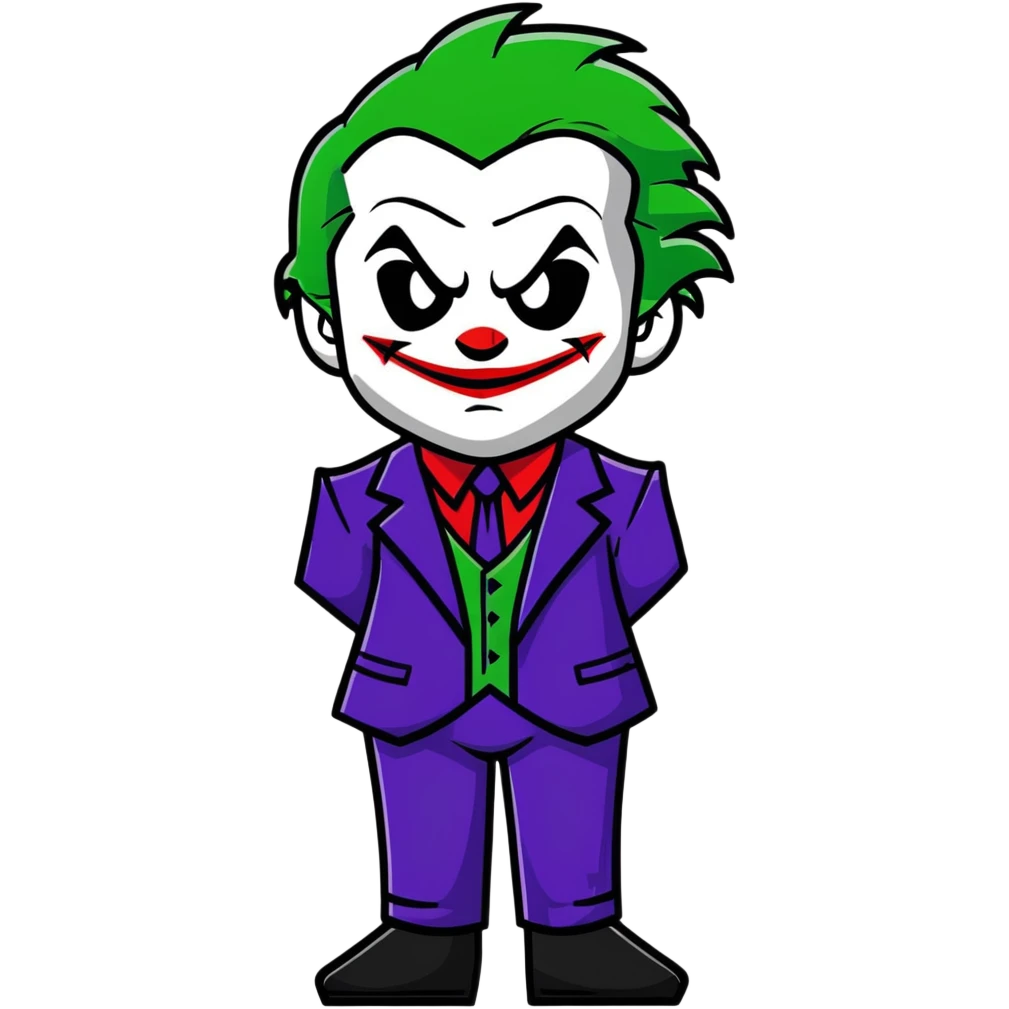 The Joker villain full body with green hair, purple suit, white face, red lips, sinister smile emoji