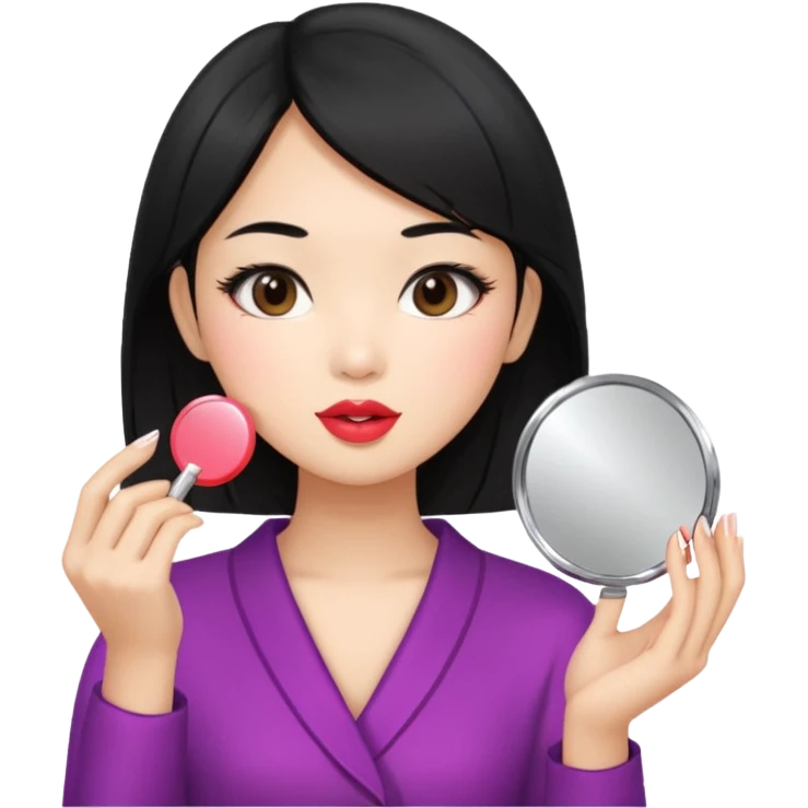 black haired asian girl putting on lipgloss while holding a compact mirror emoji