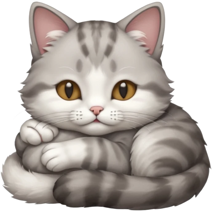 grey and white small cat with its eyes closed lying down with its paw curled under his chin holding it up emoji