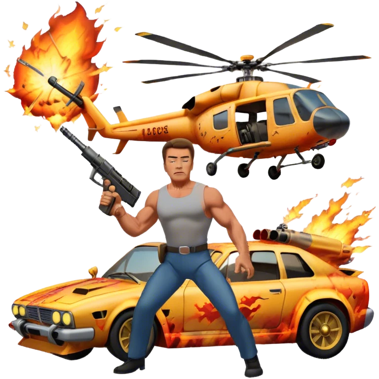 Icon for Action Movies: Arnold Schwarzenegger in the lead role, in an intense action pose with weapons, explosions, a car and helicopter flying out of flames in the background. The design should capture the explosive energy and heroism of classic action films. Transparent background. emoji