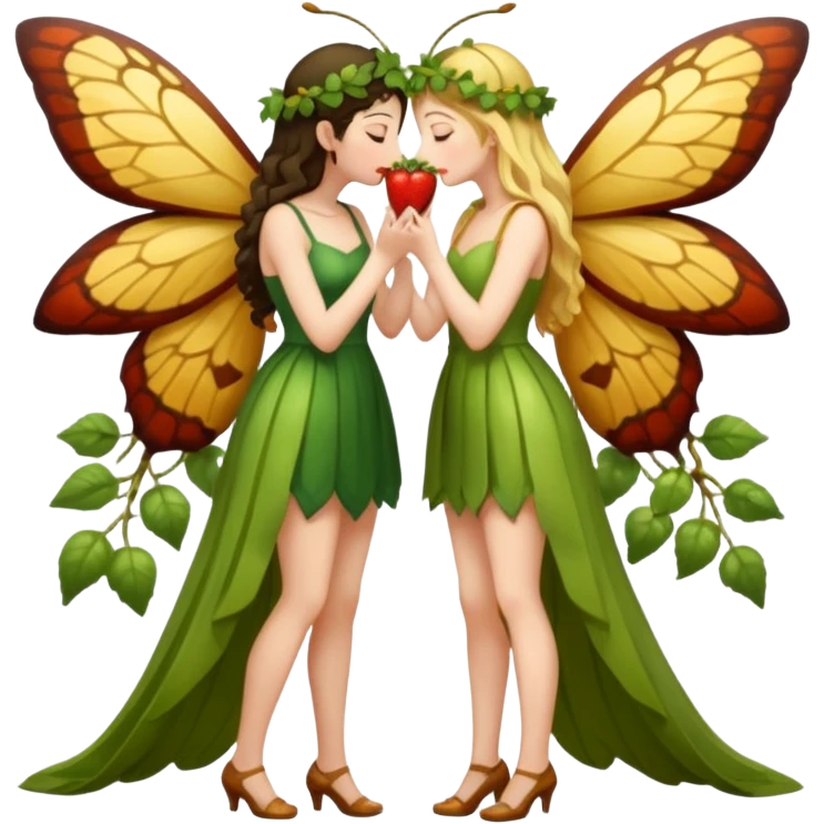 full body two women kissing, fruit vine outfits and moth swarm halo emoji