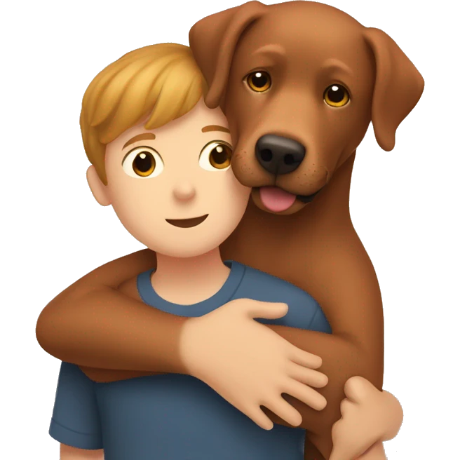 Red Labrador giving brown haired boy a hug emoji
