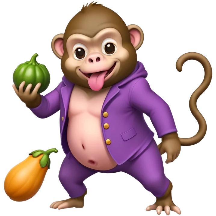 Monkey dog with gorilla face and pig body and a eggplant in his mouth wearing goofy clothes  emoji