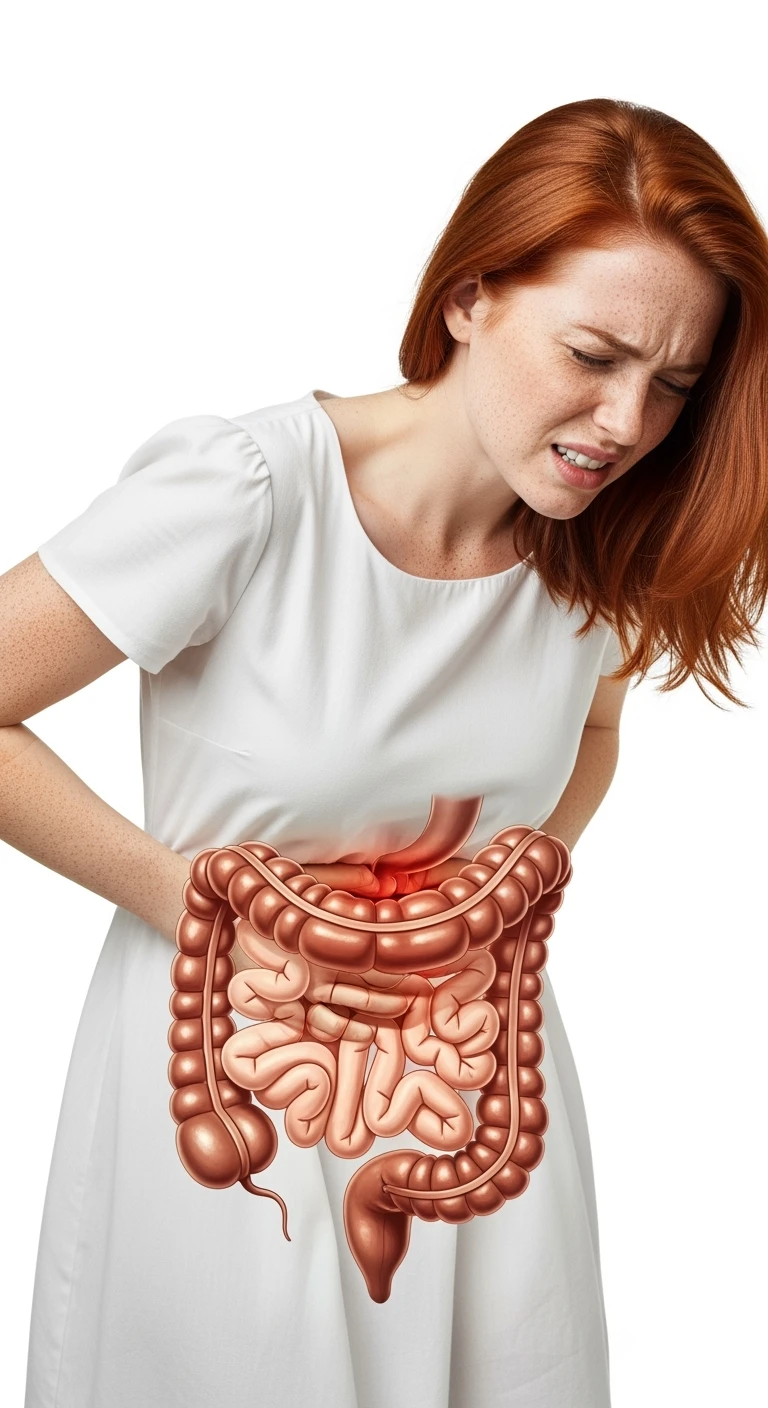 donna giovane piegata in avanti con mal di pancia e INTESTINO UMANO ANATOMICO IN EVIDENZA, iperrealistica 4k, ISOLATA SU SFONDO BIANCO emoji