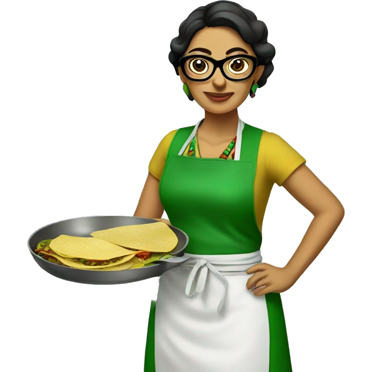 mexican lady green apron  with glasses cooking tacos emoji