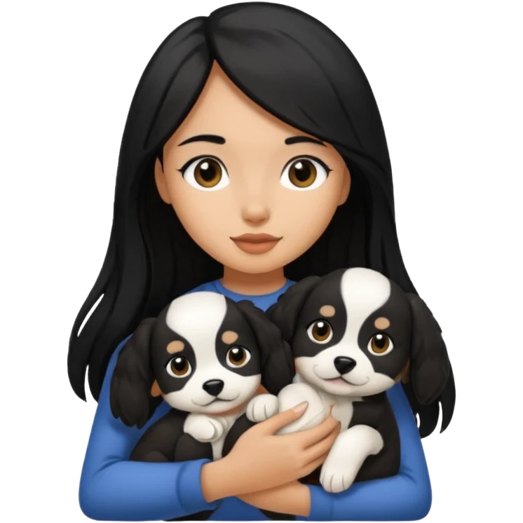 girl with long black hair holding black and white puppy emoji