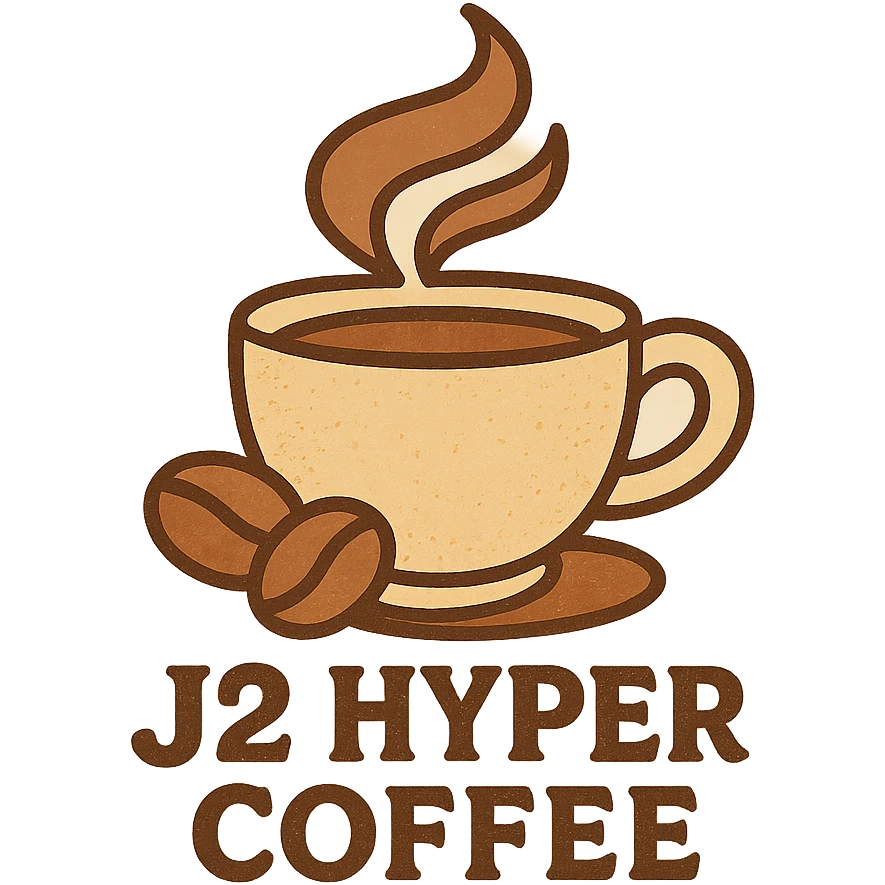 flat style logo for j2_hyper_coffee, brown and cream colors, inspired by coffee beans and coffee steam emoji