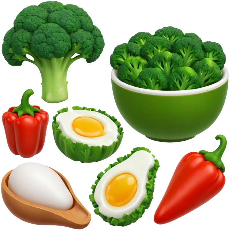 3D food emoji, glossy, smooth shapes, premium style,
broccoli, red bell pepper, rice bowl, chicken breast,
boiled eggs, vitamins bottle,
light warm background
 emoji