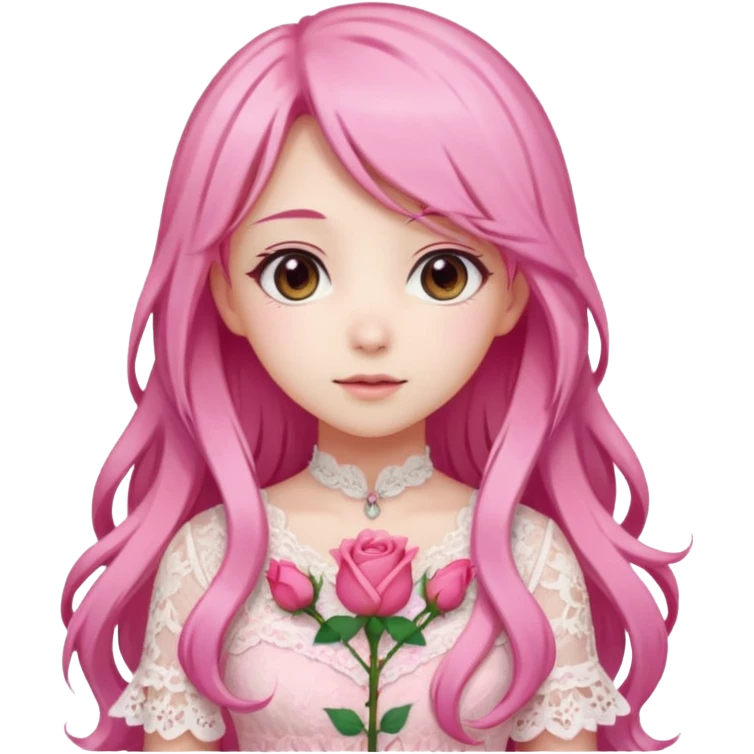 pastel anime woman with pink and white lace dress full body and long hair in a rose garden background emoji