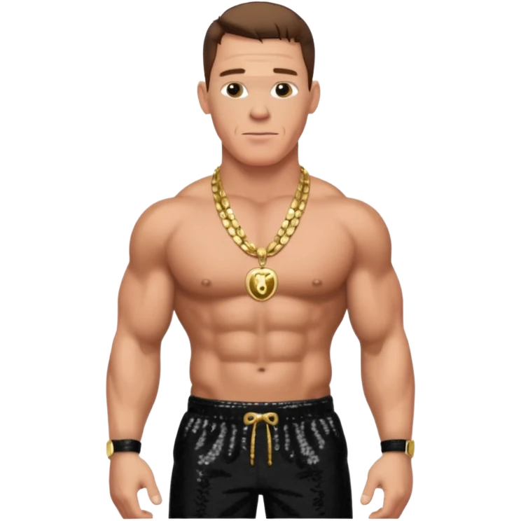John Cena with black sequin baggy pants, shirtless with necklace, brown hair emoji