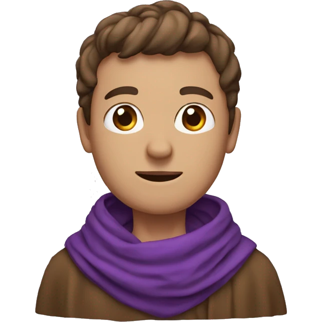 a small man's head is wrapped in a purple scarf, only 1 eye is visible and it is white, there is a brown robe on the body emoji