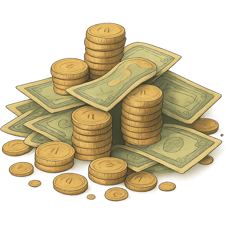 ghibli style whimsical pile of coins and bills emoji
