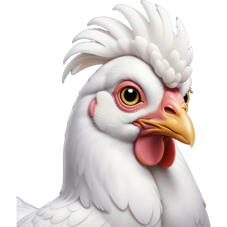 Cinematic Noble White Chicken Portrait Emoji, Poised and regal, with a compact, sturdy build and a pristine, well-groomed pure white plumage, deep-set soulful beady eyes, Simplified yet sharp and sophisticated features, highly detailed, glowing with a soft, dignified glow, high shine, intelligent and alert, stylized with an air of barnyard elegance, focused and attentive, soft glowing outline, capturing the essence of a watchful and confident fowl, so majestic it feels as though it could strut out of the screen with effortless authority! emoji