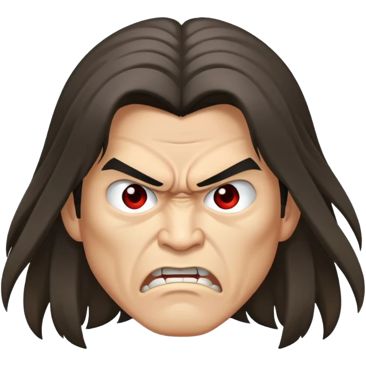 a long-haired Asian man with an angry face emoji