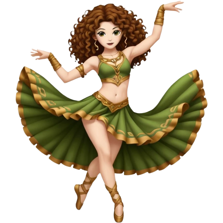 full body woman long curly brown hair brown eyes white skin tattoos muscular build moss silk dancer costume, mid spin emoji