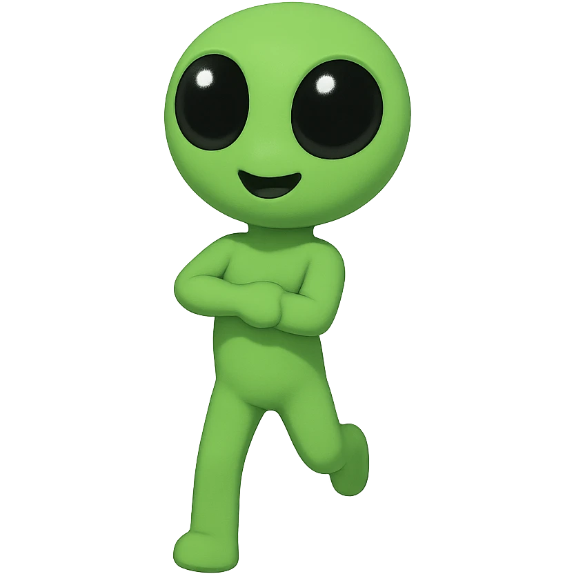 Create a neon green alien dancing, almost identical to the reference image, with minimal changes in the positions of arms and legs, looking straight ahead. This is frame 5 of an animation. PNG format with transparent background. emoji