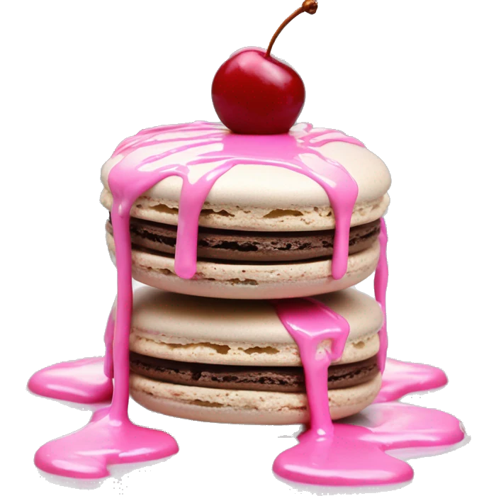 Single Realistic pastel macaron drizzled in metallic silver drip and pink cherry placed on top of the drip and cookies. emoji