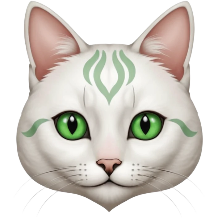 Haz una gata de ojos verdes la cara blanca con mancha negra en las orejas que agarra parte de la frente del lado der pero del iz va desde el ojo hasta la oreja la mancha, tiene la nariz negra en forma de corazón y todo lo que sobra de la cara, barbilla la nariz arriba y el lado de bigotes es blanca emoji