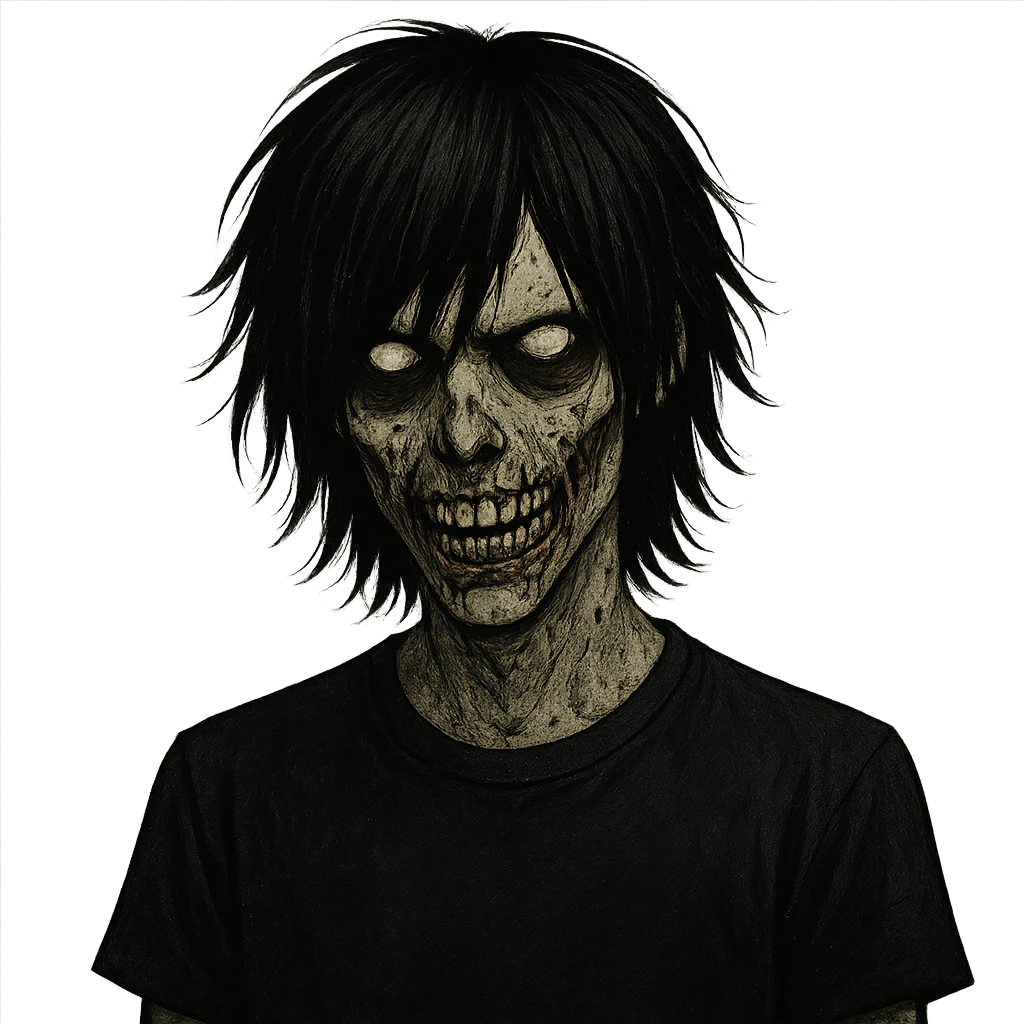 spooky emo boy zombie, medium-long black hair, shaggy, with a sinister, creepy face emoji