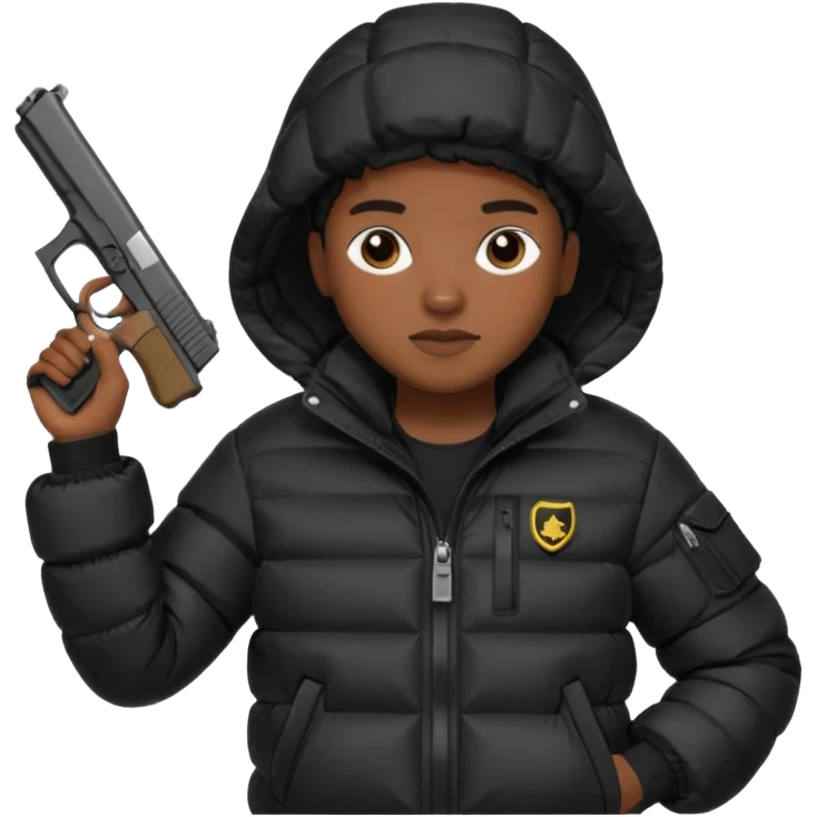 african american wearing a black puffer jacket with the hood on and holding a glock 26 emoji