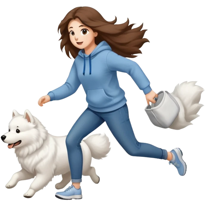 A beautiful girl with long hair wearing a sweatshirt and jeans is running with a Samoyed emoji