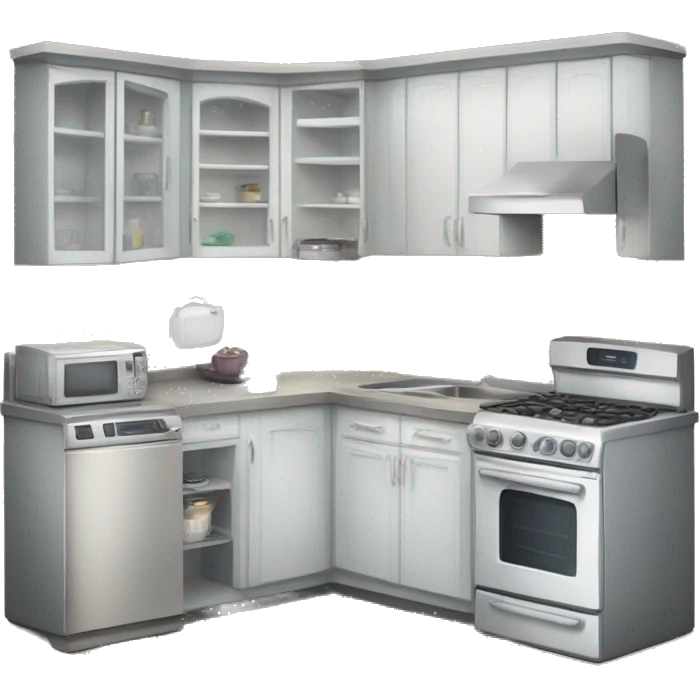 a kitchen; in the kitchen there is a fridge, a microwave, a dishwasher, an oven, a carper, 3 stools  emoji