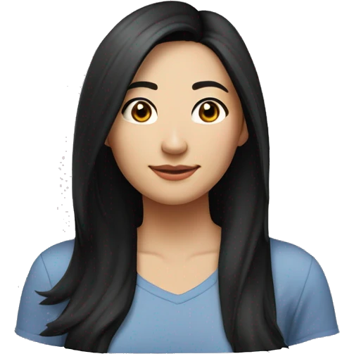 A head and shoulders shot of a 32 year old Asian woman, with long black hair,   with brown eyes wearing a t-shirt. emoji
