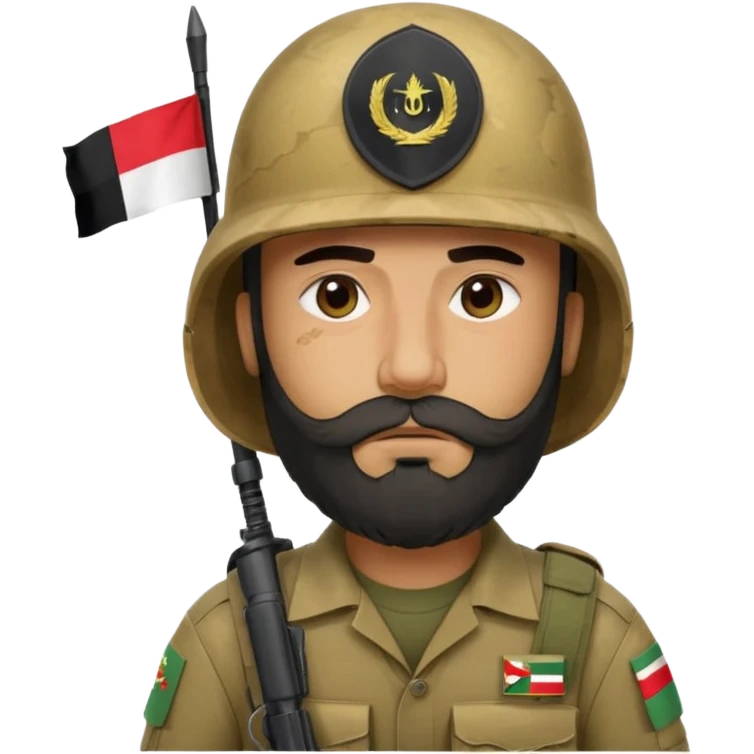 A tired, swarthy Iraqi soldier with a beard, an Iraqi flag on his helmet, a sad expression and bags under his eyes emoji