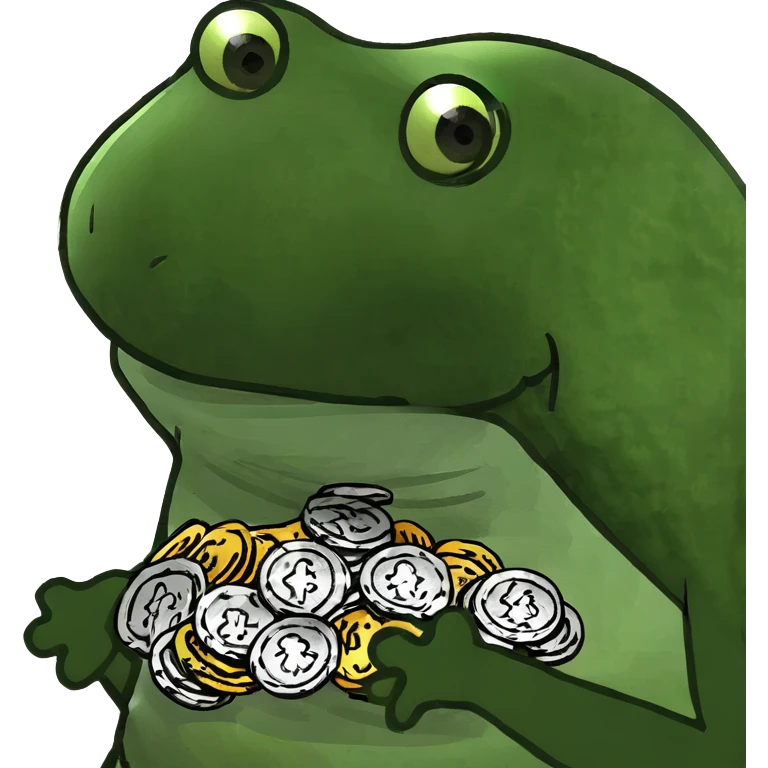 bufo frog (pepe) with a pile of coins emoji