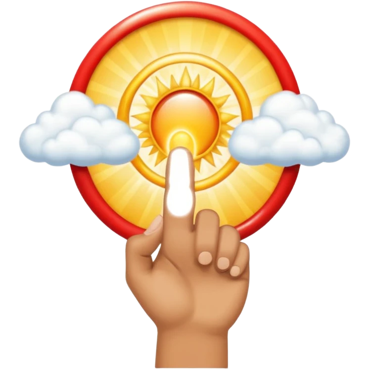 "Create an emoji representation of a hand holding other. One hand with index finger pointing up, surrounded by clouds and sun rays, with a red ring on the ring finger." emoji