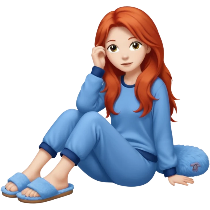 young woman with long red hear wearing comfy lounging outfit, wearing blue fuzzy slippers emoji