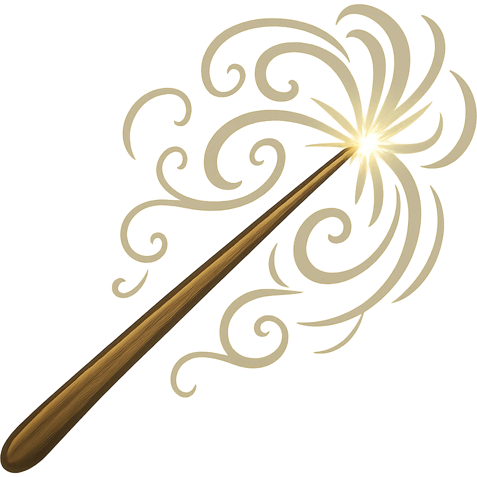 Make the Harry Potter-inspired wand bigger and less detailed with a simple design, keeping the magical and fantasy feel. Remove the background. The style should be simple and clean to emphasize the wand's magical essence. emoji