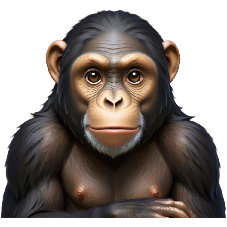 Cinematic Noble Chimpanzee Portrait Emoji, Poised and wise, with a lean, agile build adorned with textured fur and deep, thoughtful eyes, Simplified yet sharp and sophisticated features, highly detailed, glowing with a soft, contemplative glow, high shine, intelligent and vigilant, stylized with an air of primate regality, focused and attentive, soft glowing outline, capturing the essence of a watchful guardian that feels as though it could step out of the screen with effortless authority! emoji