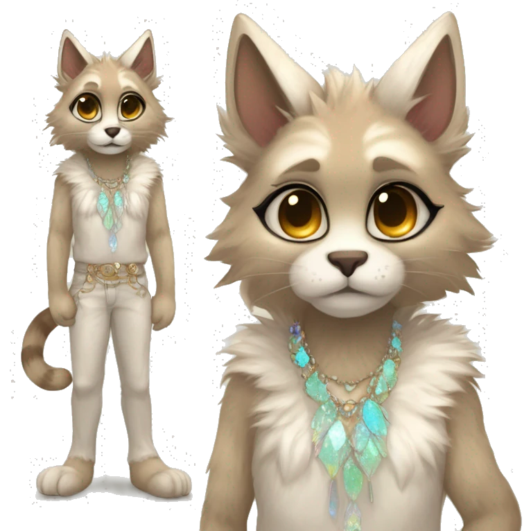 Furry, sparkle, iridescent, colorful, pastel, edgy, cool, fantasy beautiful, brown, beige, white, divine, godly, angelic, animal, anthro, full body, fursona, feline emoji