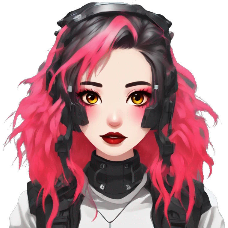 Gorgeous futuristic neon gothic techwear anime style lady with blushing face aesthetic and pretty edgy black red punk messy wild cute hair with collar and harness trending style emoji