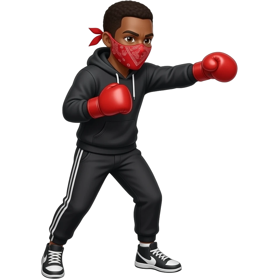 Black man with red bandana on face, in black hoodie and sweatpants boxing emoji