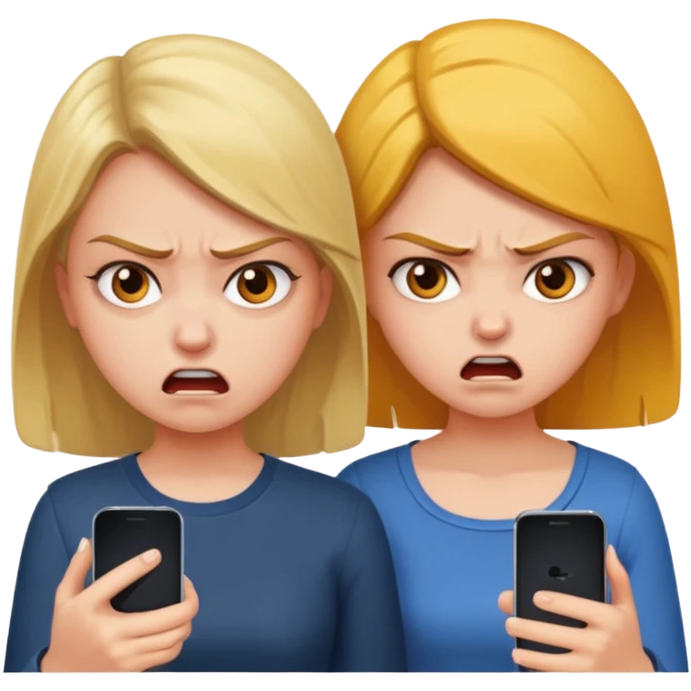Two girls who are angry and looking at a phone emoji