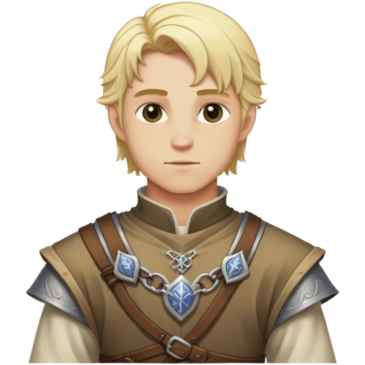 Medieval DnD themed fantasy blonde male character. Clothes only above the waist, full waist coverage. The character has no arms. emoji