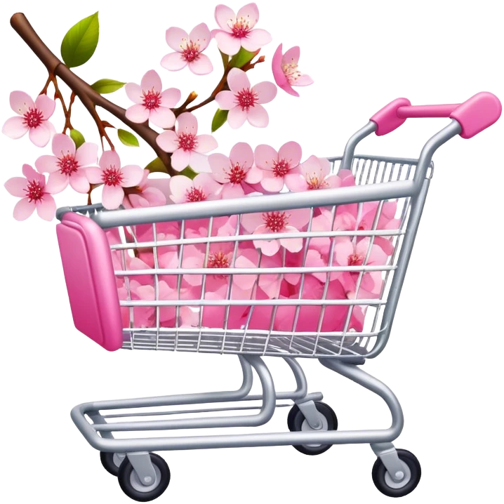 White shopping cart wrapped with pink cherry blossoms emoji