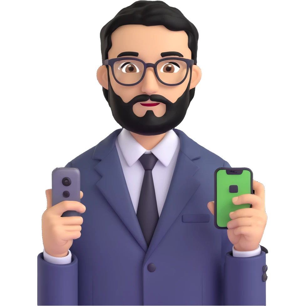 same professional man with medium black beard, neat black hair, connected unibrow, olive tan skin, brown eyes, glasses, prominent nose, dressed in formal black jacket, with mobile phone emoji