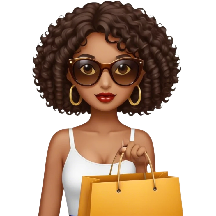 Rich dark brown girl with dark brown mid-length curly hair expensive retail shopping bags and sunglasses emoji